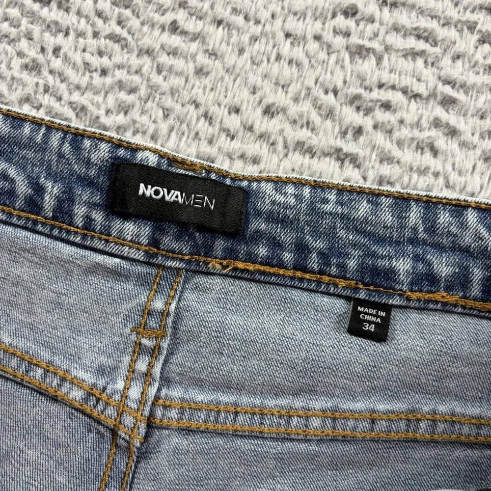 Nova Men Straight Leg Jeans 34x32 Stretch Acid Wash Blue Faded Retro